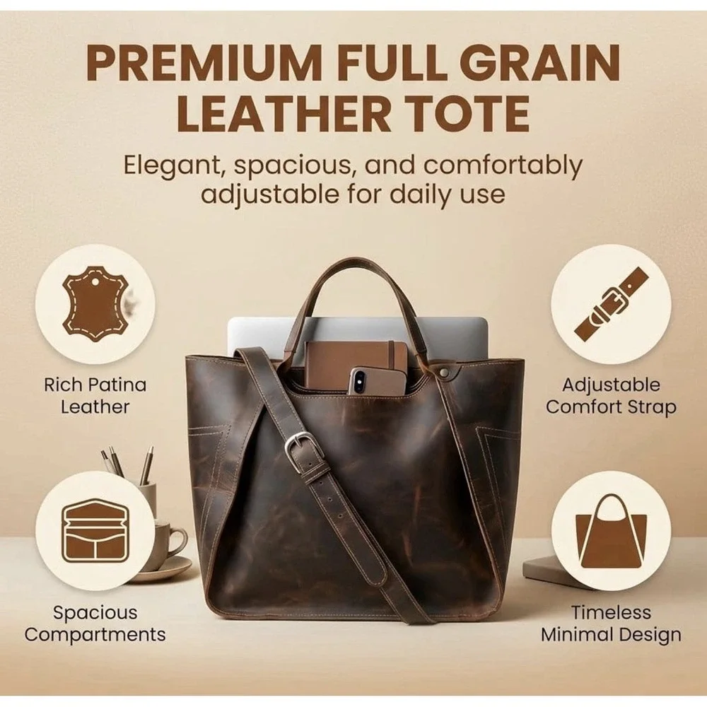 The Tannery Genuine Full Grain Leather Tote Bag for Women Dark Brown